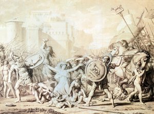 Study for Rape of Sabine Women (rysunek piórem, tuszem, akwarelą i ołówkiem) autorstwa Jacques Louis David