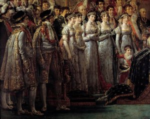 Obrzęd Napoleona. Szczegół przedstawiający braci i siostry cesarza podczas sacrum cesarza Napoleona I Bonaparte i koronacji cesarzowej Józefiny w Notre-Dame de Paris 2 grudnia autorstwa Jacques Louis David