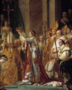 Obrzęd Napoleona. Szczegół przedstawiający Napoleona noszącego koronę podczas Sacre cesarza Napoleona I Bonaparte i koronacji Imperatrice Josephine w Notre-Dame de Paris 2 grudnia autorstwa Jacques Louis David