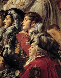 Obrzęd Napoleona. Detal przedstawiający Auguste Jean-Gabriel de Caulaincourt (1777-1809), Eugene Rose de Beauharnais dit Prince Eugene (1781-1824) i Charles Maurice de Talleyrandt-Perigord dit Talleyrand (1754-1838) podczas koronacji cesarza Napoleona autorstwa Jacques Louis David