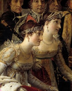 Obrzęd Napoleona. Detal przedstawiający Madame de la Rochefoucault i Madame Lavalette podczas sacrum cesarza Napoleona I Bonaparte i koronacji Imperatrice Josephine w Notre-Dame de Paris 2 grudnia autorstwa Jacques Louis David