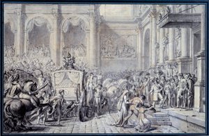 Przybycie karety cesarza Napoleona I (1769-1821) do Hotel de Ville de Paris w dniu 16.12.1804 z okazji jego rządu Rysunek Jacques Louis David (1748-1825) 1804 Nd. 0,26x0,4 m Paryż, Musee du Louvre autorstwa Jacques Louis David