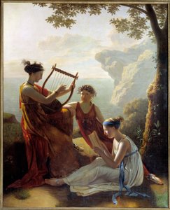 Grecka poetka Sapho (Sappho) grająca na lirze i jej dwaj towarzysze Malarstwo Jacques Louis Grandin (1780-?) 1808 Paryż, Musee Marmottan autorstwa Jacques Louis Michel Grandin