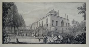Neopalladiańska willa Lorda Burlingtona w Chiswick i Jacobean House (pióro i atrament z praniem na papierze) autorstwa Jacques Rigaud