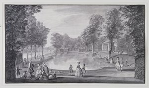 Basen nad rzeką, willa Chiswick Lorda Burlingtona (pióro i atrament z praniem na papierze)