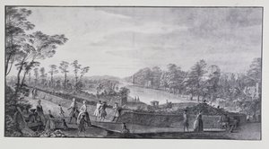 Sztuczna rzeka, willa Chiswick Lorda Burlingtona (pióro i atrament z praniem na papierze) autorstwa Jacques Rigaud