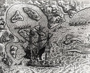 Johannes Staden przybywa na nieznaną wyspę i odkrywa, że Portugalczycy już tam są, z Americae, 1593, napisany i ryty przez Theodora de Bry (1528-98) autorstwa Jacques d.158788 after Le Moyne