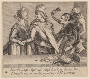 Młody mężczyzna między młodą kobietą a starą kobietą, od Nierówni kochankowie autorstwa Jacques de Gheyn II