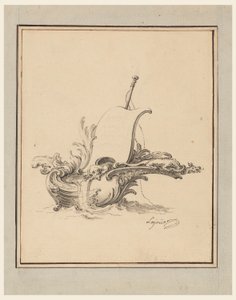 Rysunek, projekt rozety w formie łodzi z żaglem, dla Recueil Nouveau de Differens Cartouches, 1734 r. autorstwa Jacques de Lajoüe