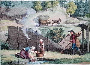 Wyrób węgla drzewnego w Austrii, ilustracja z „Voyage Pittoresque en Austria” Alexandre de Laborde, wydanej w Paryżu 1821 (rycina kolorowa) autorstwa Jakob (after) Gauermann