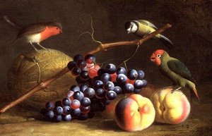 Trzy ptaki z brzoskwiniami, winogronami i melonem