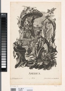 Rocaille z personifikacją kontynentu Ameryki Ameryka (tytuł na obiekcie) Cztery kontynenty (tytuł serii) autorstwa Jakob Gottlieb Thelott