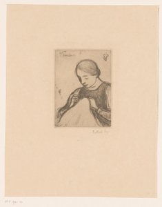 Portret Malwiny Dedeyn z rękodziełem Krawcowa (tytuł na obiekcie) autorstwa Jakob Smits