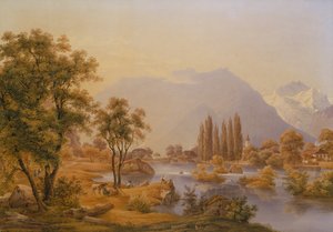 Widok na rzekę Aare i Interlaken z kościołem klasztornym (olej naftowy) autorstwa Jakob Suter