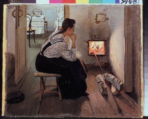 ""Myśli przy piecu"" (Myśli przy piecu) Młoda kobieta siedzi zamyślona przed kominkiem. Malarstwo Jakova Kaliniczenki (1869-1938) 1897 Państwowe Regionalne Muzeum Sztuki im. I. Pozhalostina, Riasan