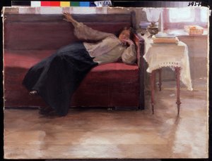 ""Dreams"" zamyślona młoda dziewczyna leżąca na kanapie. Malarstwo Jakova Kaliniczenki (1869-1938) 1904 Państwowe Regionalne Muzeum Sztuki im. I. Pozhalostina, Riasan