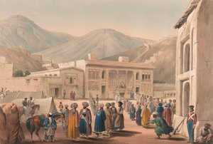 „Durbar-Khaneh z Shah Shoojah-ool-Moolk, w Cabaul [sic]”, ok. 1840 (litografia, zabarwiona) autorstwa James (after) Atkinson
