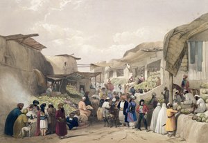 Główna ulica na bazarze w Caubul, w sezonie owocowym, ze „Szkiców w Afganistanie”, rytowanych przez Charlesa Haghe (1810-88) i Louisa Haghe (1806-85) wydanych przez Henry