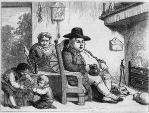 John Bull szczęśliwy: John Bull (postać typowego angielskiego, symbol Anglii) w domu z żoną i dziećmi. Grawerowanie Gilberta wg Gillray. W „”Le Magasin malowniczy””