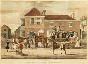 Pocztowy trener zmieniający konie, c.1825 (grawerowanie)