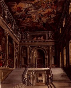 Klatka schodowa, Buckingham House, grawerowane przez Williama Jamesa Bennetta (1787-1844) z „Historii rezydencji królewskich” Williama Henry