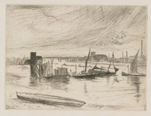 Battersea Dawn Cadogan Pier, 1863. autorstwa James Abbott McNeill Whistler