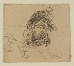 Brodaty mężczyzna w żołnierskiej czapce z „Szkiców na tablicy pomiarowej wybrzeża”, 1854-55. autorstwa James Abbott McNeill Whistler