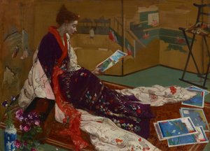 Kaprys w purpurze i złocie: Złoty ekran, 1864. autorstwa James Abbott McNeill Whistler