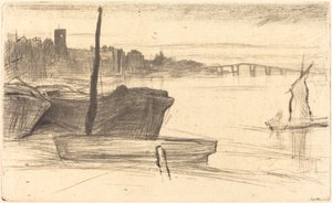 Most Chelsea i kościół, ok. 1930 r. 18701871. autorstwa James Abbott McNeill Whistler