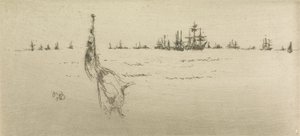 Zanurzanie flagi, z zestawu dwunastu akwafort zatytułowanych The Naval Review, 1887 autorstwa James Abbott McNeill Whistler