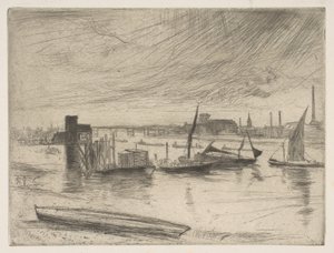 Wczesny poranek, Battersea Battersea Dawn Cadogan Pier, 1861. autorstwa James Abbott McNeill Whistler