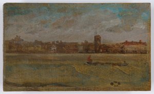 Harmonia w brązie i złocie: Old Chelsea Church, prawdopodobnie 1884 (olej na płycie drewnianej) autorstwa James Abbott McNeill Whistler