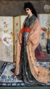 „Księżniczka z krainy porcelany” (Róża i srebro: Księżniczka z krainy porcelany) Młoda kobieta ubrana po japońsku w kimono, za nią japoński ekran (Japonisme) Obraz Jamesa Abbotta McNeilla Whistlera ( 1834- 1903) 1864 Freer autorstwa James Abbott McNeill Whistler