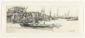 Pakhuizen aan de Theems Magazyny Tamizy Szesnaście rycin przedstawiających sceny nad Tamizą i inne tematy (tytuł serii) autorstwa James Abbott McNeill Whistler