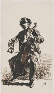 Sir Seymour Haden grający na wiolonczeli, ok. 1855 (ołówek, długopis i atrament na beżowym papierze) autorstwa James Abbott McNeill Whistler