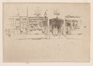 Zakład fryzjerski, Chelsea, ok. 1886-88 (akwaforta; tusz na papierze) autorstwa James Abbott McNeill Whistler