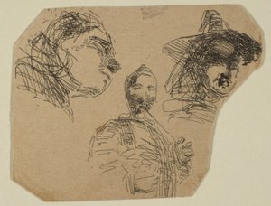 Dwie kobiece głowy i stojąca postać ze szkiców na płycie badawczej wybrzeża, 1854-55. autorstwa James Abbott McNeill Whistler