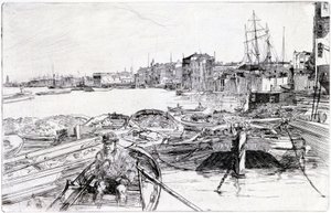 Widok na Tamizę, nad basenem londyńskim (Anglia), w 1859 roku, należy do serii rycin na Tamizie, które podkreślają społeczność pracowników morskich w stolicy Anglii autorstwa James Abbott McNeill Whistler