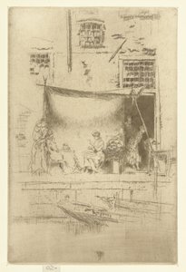 Kobiety pod parasolem na nabrzeżu Stoisko z owocami Zestaw dwudziestu sześciu akwafort (tytuł serii) autorstwa James Abbott McNeill Whistler