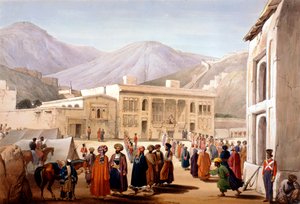 Shah Shoja, marionetka Brytyjczyków, trzymająca durbar w Kabulu, pierwsza wojna anglo-afgańska, 1838-1842 autorstwa James Atkinson