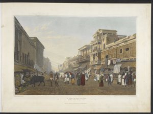 Widok na Bazar, prowadzący do Chitpore Road, z „Widoków Kalkuty i okolic”1826 (akwatinta ręcznie kolorowana) autorstwa James Baillie (after) Fraser