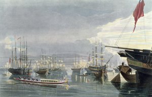 Widok na rzekę, żeglugę i miasto Kalkutę, z okolic Smiths Dock, 1837, ryty przez Roberta Havella Młodszego (1793-1878) (akwatinta)