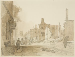 Ruiny Mansion House i Custom House na Queen Square po zamieszkach (ołówek i akwarela na papierze) autorstwa James Baker Pyne