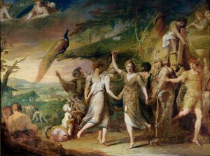 Grecki dom żniw, czyli Święto Dziękczynienia dla bóstw wiejskich, Ceres, Bachus Sylvanus i Pan, drugie w serii Postęp ludzkiej kultury i wiedzy, c.1777-84 autorstwa James Barry
