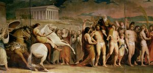Crowning the Victors at Olympia, trzeci z serii The Progress of Human Culture and Knowledge, szczegół centralnego panelu przedstawiający Diagoras, c.1777-1801 (patrz 101472, 101473 i 101475) autorstwa James Barry