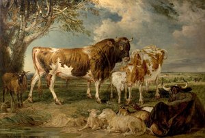 Byk, krowa i cielę w krajobrazie, 1837 autorstwa James Charles Ward