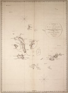 Mapa Galapagos, zbadana na statku handlowym "Rattler" i narysowana przez kapitana Jamesa Colnetta z Królewskiej Marynarki Wojennej. Poprawki do roku 1832. autorstwa James Colnett