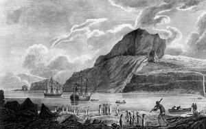 Wyspa Kerguelen, widok na zatokę Bożego Narodzenia, rysunek Williama Hodgesa, rycina Williama Wattsa, ilustracja z „Podróży w stronę bieguna południowego” i „Round World” autorstwa Jamesa Cooka (1728-1779), wydanie opublikowane w Paryżu w 1778 r.