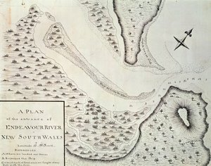 Mapa wejścia do rzeki Endeavour, mapa z relacji z pierwszej podróży prowadzonej przez Jamesa Cooka (1728-1779) w latach 1768-1771, Australia