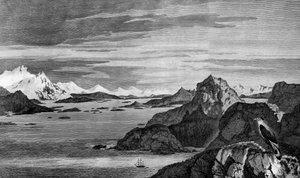 Widok Christmas Sound, Tierra del Fuego, rysunek Williama Hodgesa, rycina Williama Wattsa, ilustracja z „Podróży w stronę bieguna południowego” i „Round World” autorstwa Jamesa Cooka (1728-1779), wydanie opublikowane w Paryżu w 1778 r.